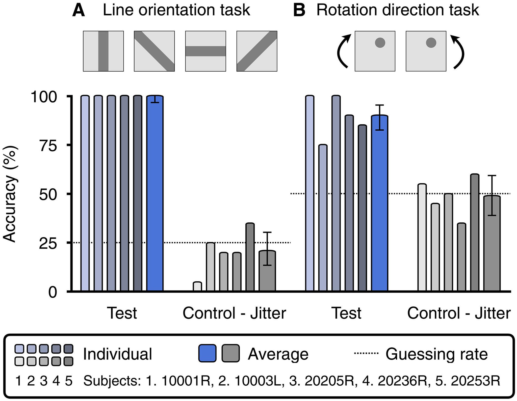 Bar charts for two tasks (line-orientation and rotation-direction): subjects score near 100% and around 90% in the test condition where cone targeting works, but drop to the guessing rate in the jittered control condition where targeting is disrupted.